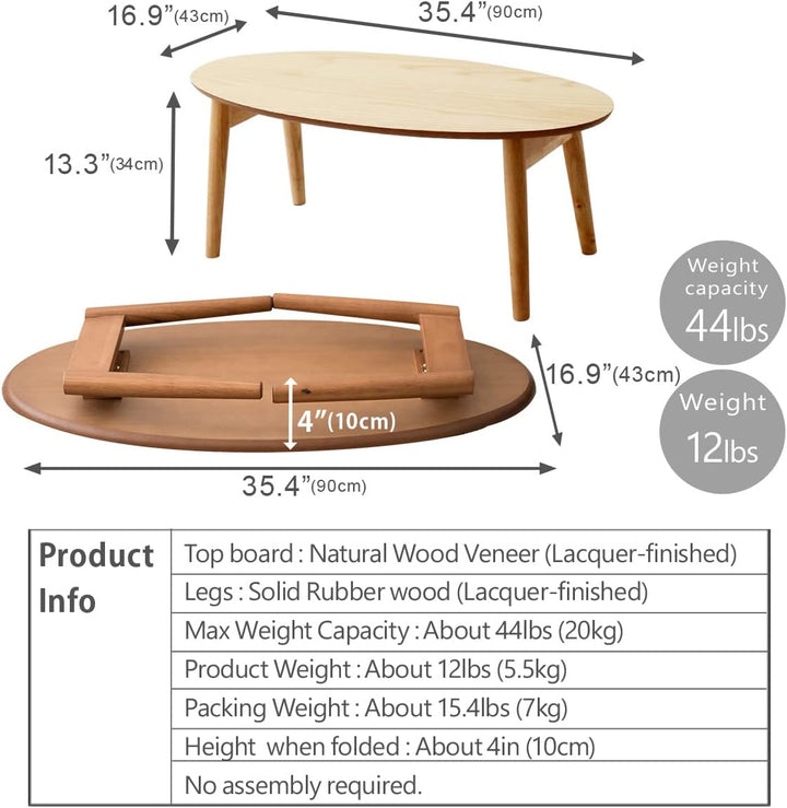 EMOOR Klapptisch Holz, Klein-Oval (B90xD43cm) Naturfarben, Couchtish Tatami Tisch 90 x 43 x 34 cm Na