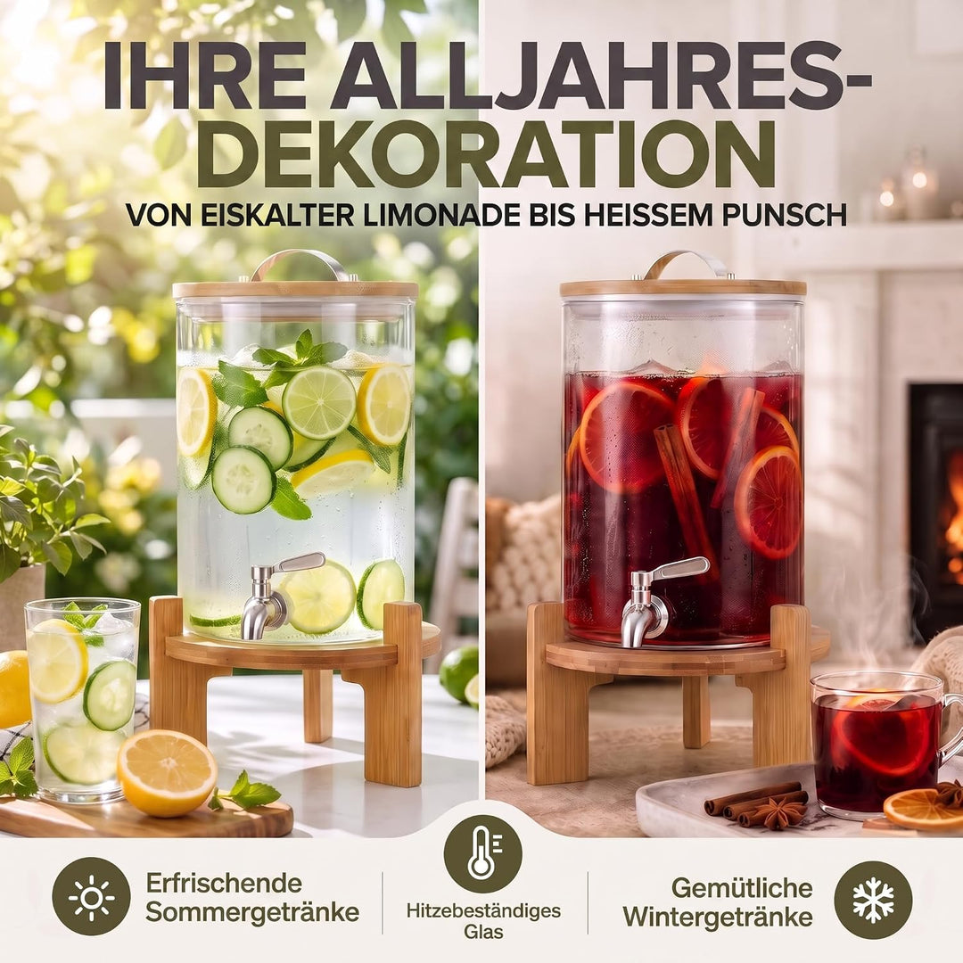 Premium Getränkespender mit Zapfhahn aus Edelstahl &amp; Bambus-Ständer – 8L Wasserspender Glas für eisk