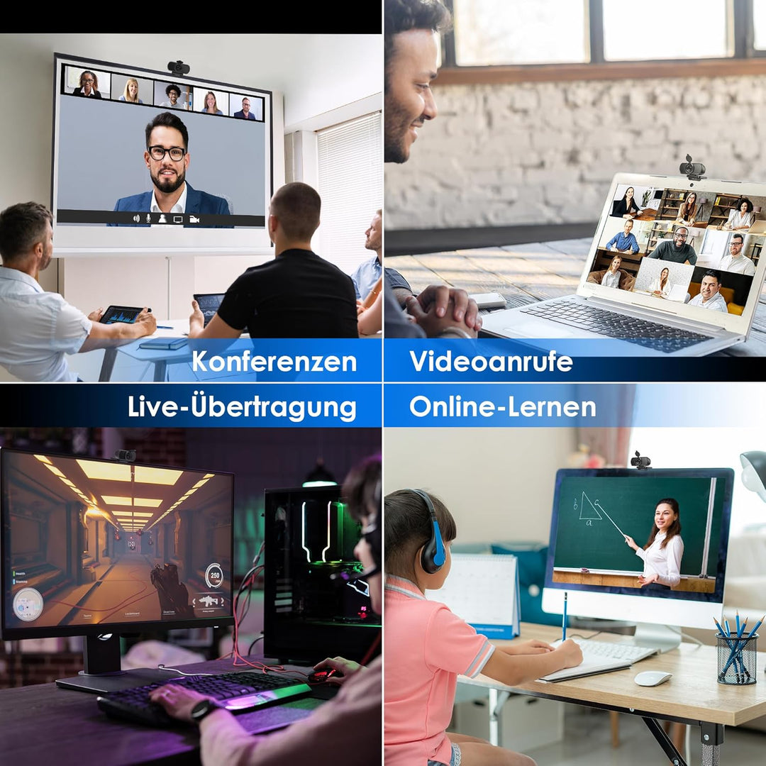 N51A Webcam Full HD 2.5K/30PFS PC Kamera mit Dual Mikrofone, 110°Blickfeld, Belichtungskorrektur, Fe