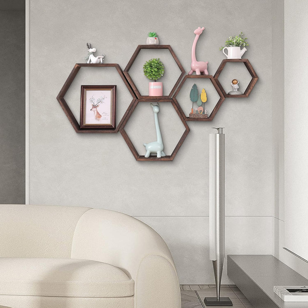 WONFUlity Sechseckiges schwebendes Regal-Set, Wandmontage, Holz, Bauernhaus-Aufbewahrung, Waben-Wand