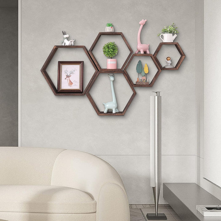 WONFUlity Sechseckiges schwebendes Regal-Set, Wandmontage, Holz, Bauernhaus-Aufbewahrung, Waben-Wand
