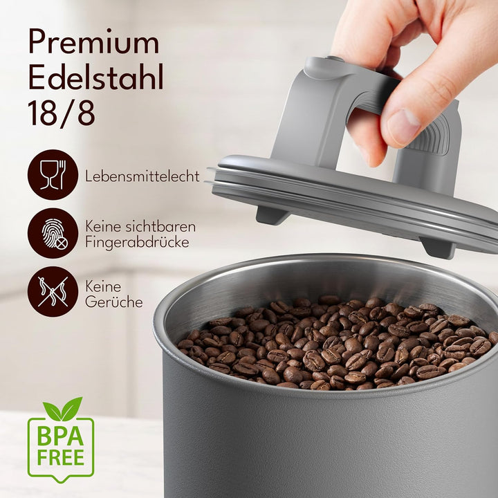 Kaffeedose luftdicht für 1 kg Kaffeebohnen mit Vakuumdeckel (Behälter für Kaffee, Tee, Edelstahl Dos