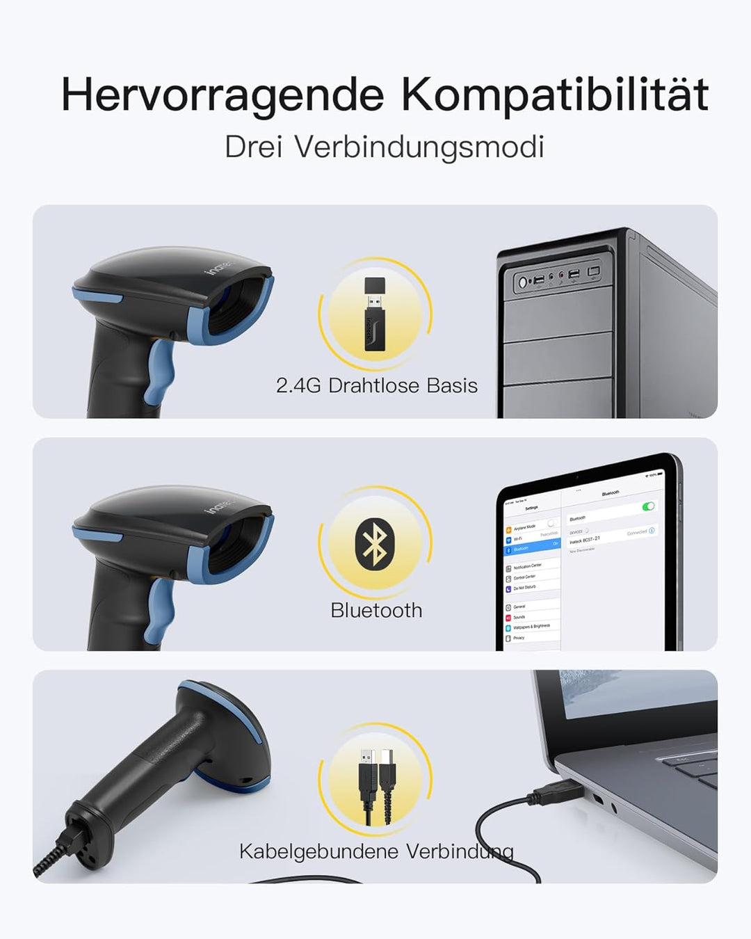 Inateck Barcode Scanner Kabellos, 1D 2D QR Code Scanner, BCST-23 Blau | 3-in-1 mit Bluetooth, 2,4 GH