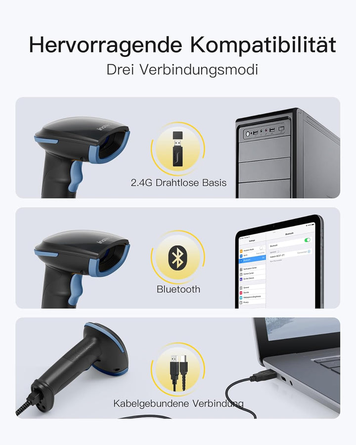 Inateck Barcode Scanner Kabellos, 1D 2D QR Code Scanner, BCST-23 Blau | 3-in-1 mit Bluetooth, 2,4 GH