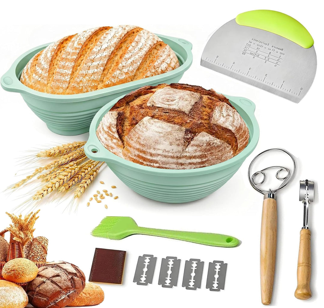 Gärkorb Brot Set,25cm Gärkörbchen zum Brotbacken, Sauerteig Starter Set, Einschliesslich Teigschaber