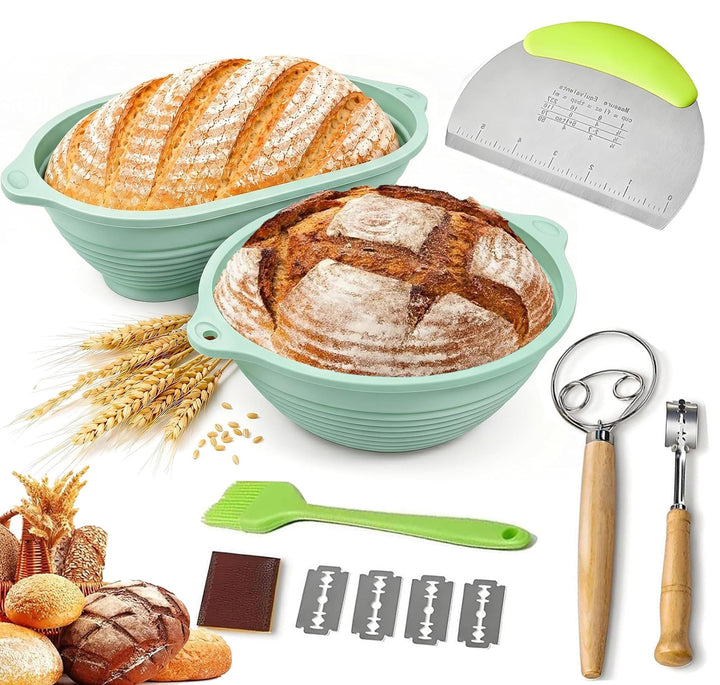 Gärkorb Brot Set,25cm Gärkörbchen zum Brotbacken, Sauerteig Starter Set, Einschliesslich Teigschaber