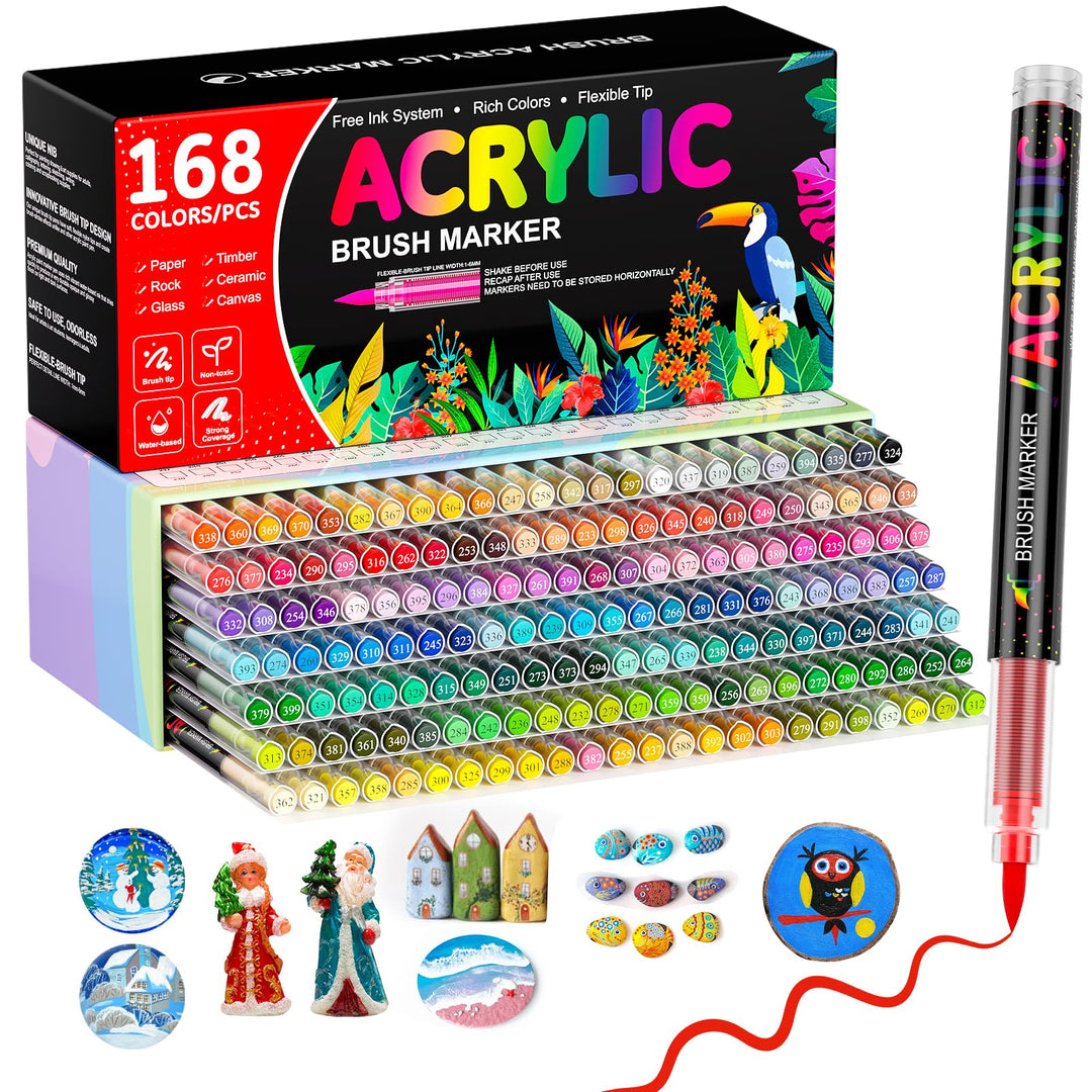 168 Farben Acrylstifte für Steine Wasserfest, Permanent Acrylic Marker, Pinselspitze Acrylstifte für