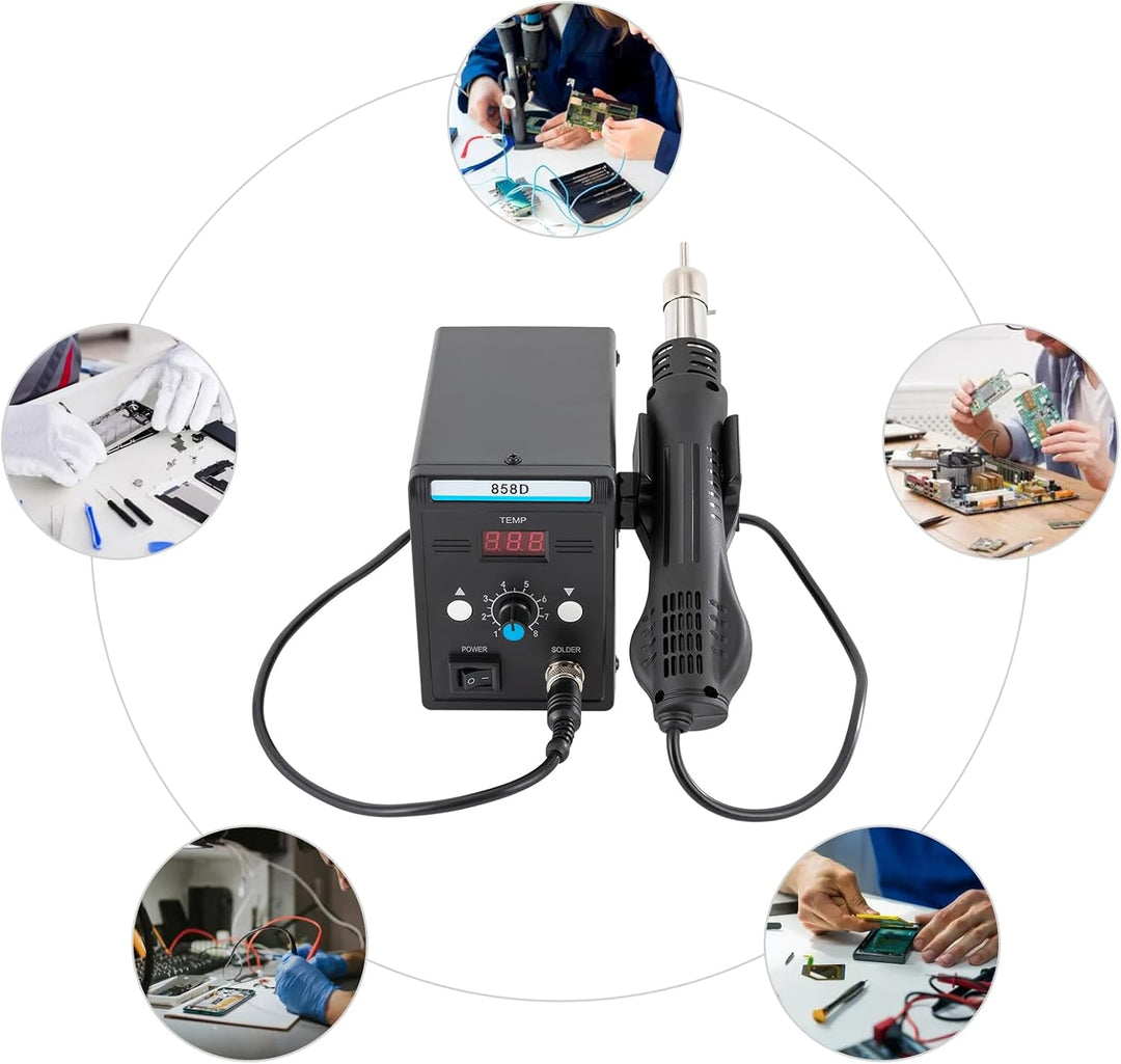 Heissluft-Rework-Station 858D, 700 W, 100–500 °C, LED, 3 Düsen | PID-Regelung, 8 Luftstufen und Wink