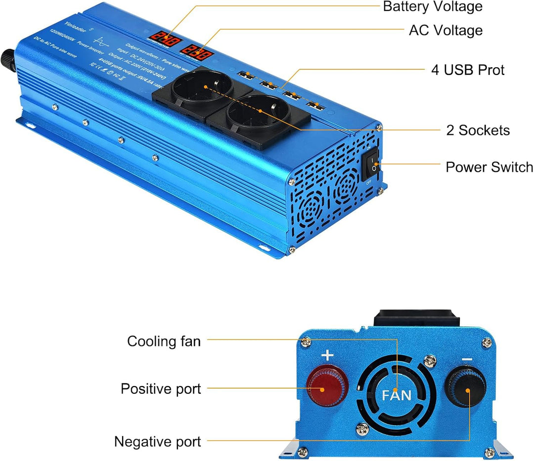 Yinleader Wechselrichter 12V 230V 1200W / 2400W Reiner Sinus-Spannungswandler 2 Steckdosen und 4 USB