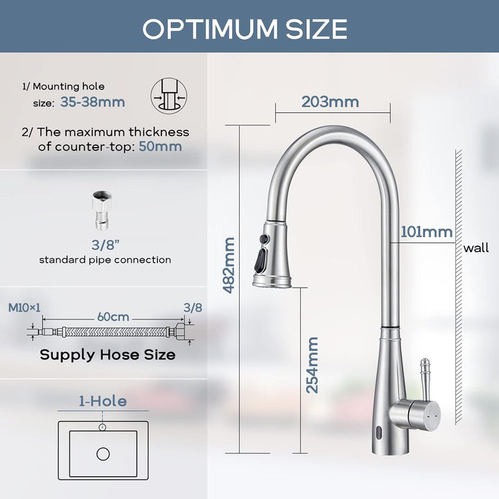 Touchless Sensor Wasserhahn Küche, YUANNY Küchenarmatur mit Ausziehbar Brause, 360° Drehbar Edelstah
