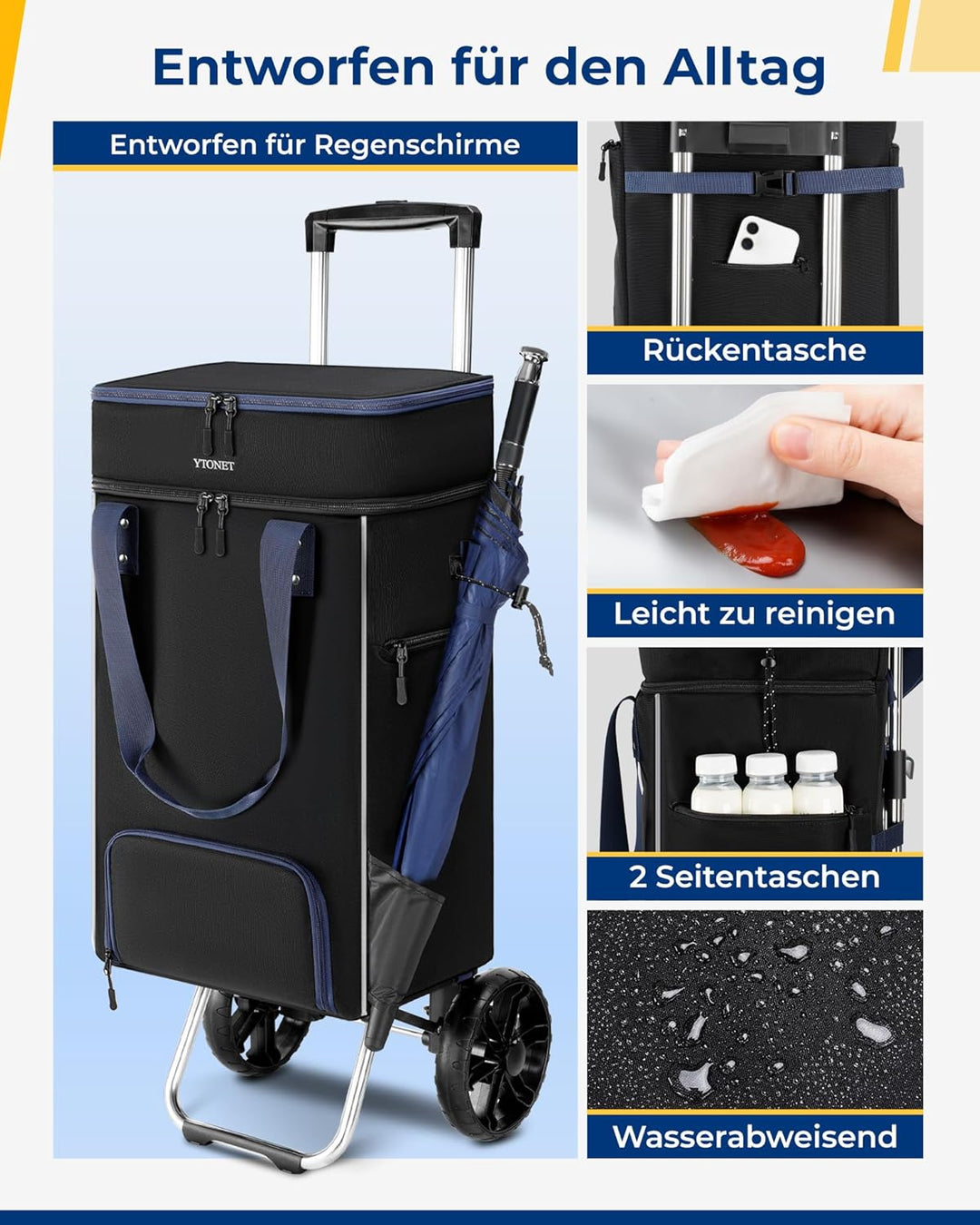 Ytonet Einkaufstrolley Klappbar mit Kühlfach, Einkaufswagen Gross Wasserdicht mit Starrer Bodenplatt