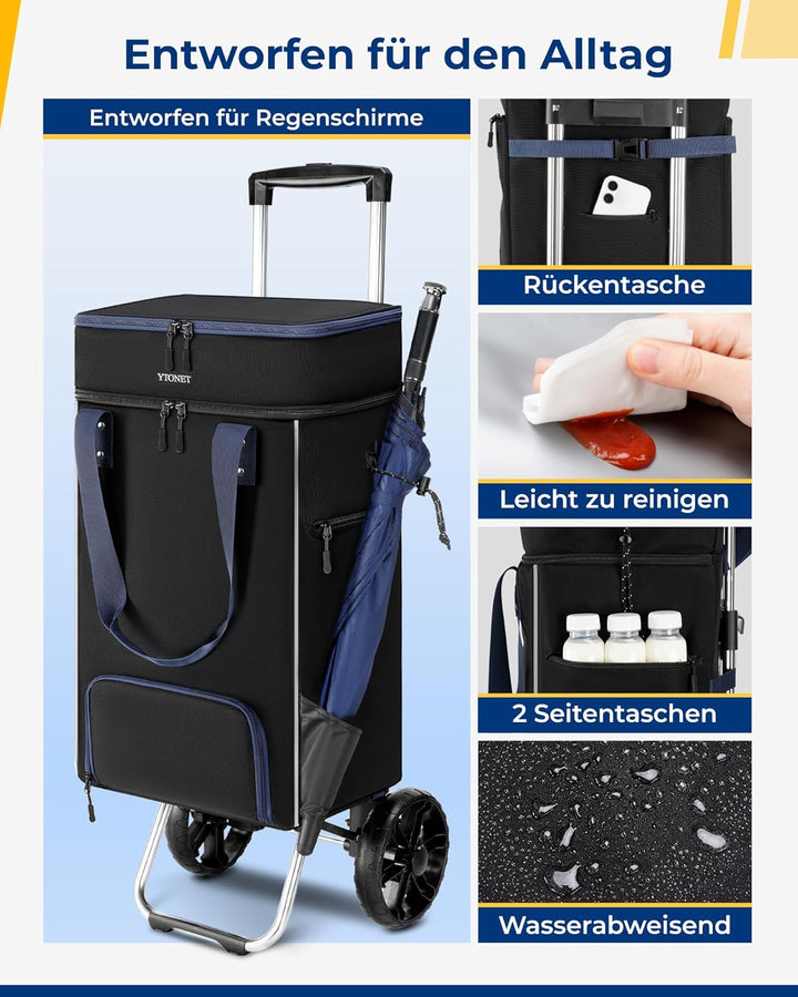 Ytonet Einkaufstrolley Klappbar mit Kühlfach, Einkaufswagen Gross Wasserdicht mit Starrer Bodenplatt