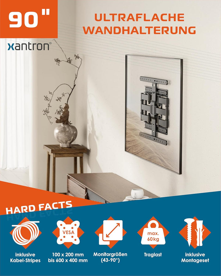 Xantron Slim Fit TV Wandhalterung Schwenkbar inkl. Zubehör - nur 27mm Wand-Abstand - 43-90 Zoll &amp; VE