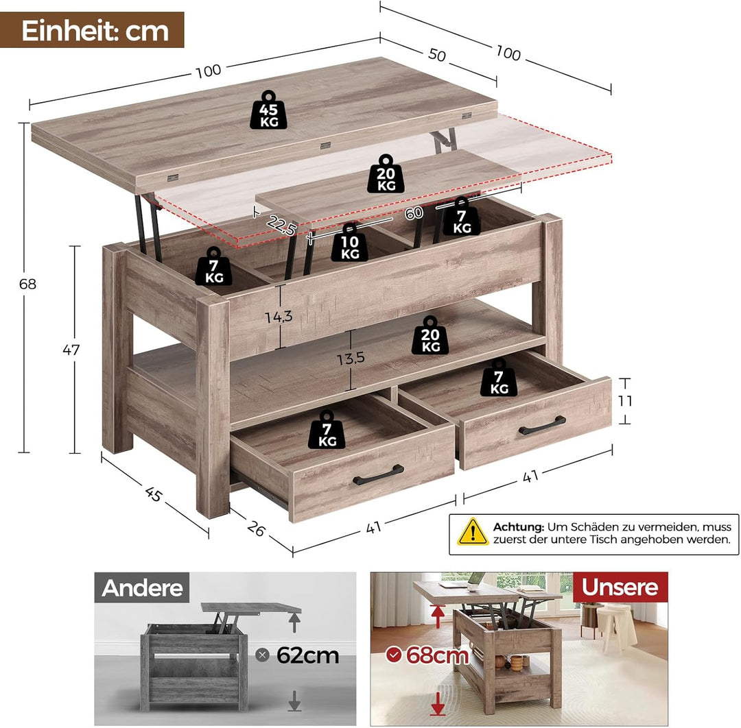Rolanstar Höhenverstellbarer Couchtisch mit 2 Schubladen, 100 x 50 cm Wohnzimmertisch aus Holz,Platz