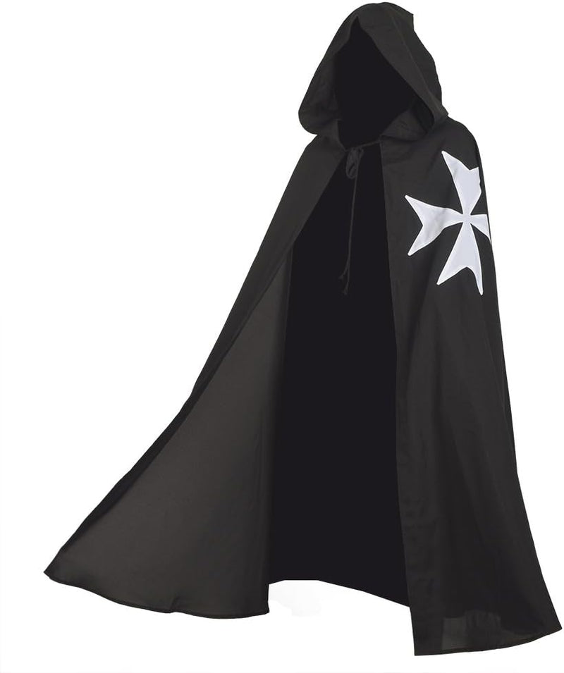 BLESSUME Mittelalter Ritter Kostüm Hospitaller Karneval LARP Cospaly, Schwarz Cloak mit Weisses Kreu