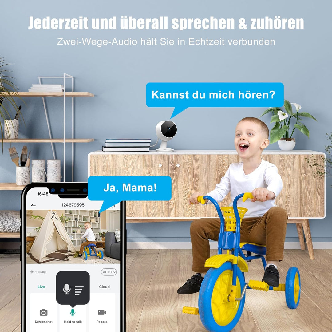 VISION WELL Mini 2K Überwachungskamera Innen- & Aussenbereich, für Zuhause, Haustiere & Babys, Beweg