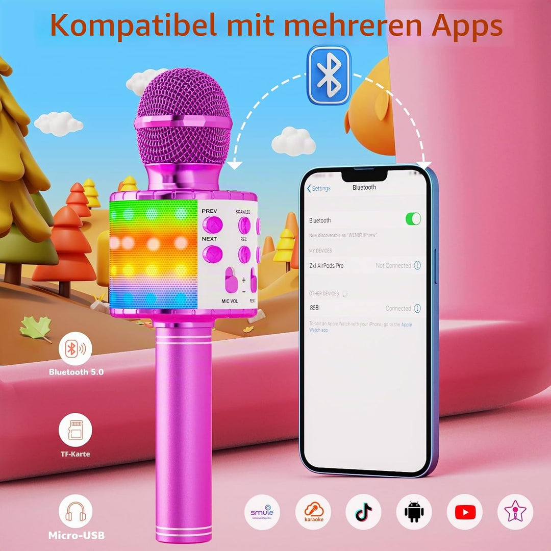 Magic Sing LED Karaoke Mikrofon Kinder, Drahtloses Bluetooth Spielzeug ab 3-12 Jahre Geschenk Mädche