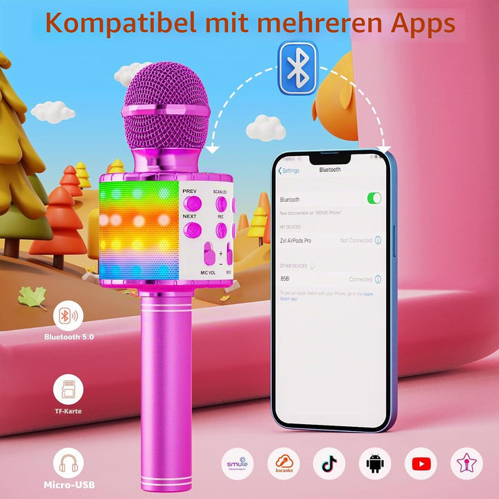Magic Sing LED Karaoke Mikrofon Kinder, Drahtloses Bluetooth Spielzeug ab 3-12 Jahre Geschenk Mädche