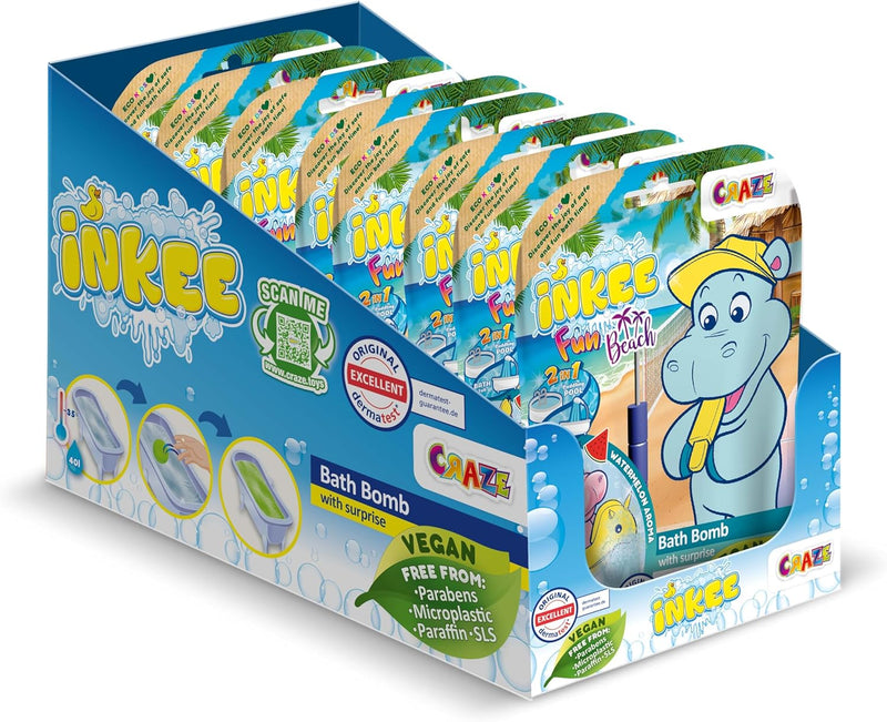 INKEE Fun Beach 8er Multipack | 8x Badekugeln Kinder mit Überraschung, Badebomben Kinder mit Hippo F