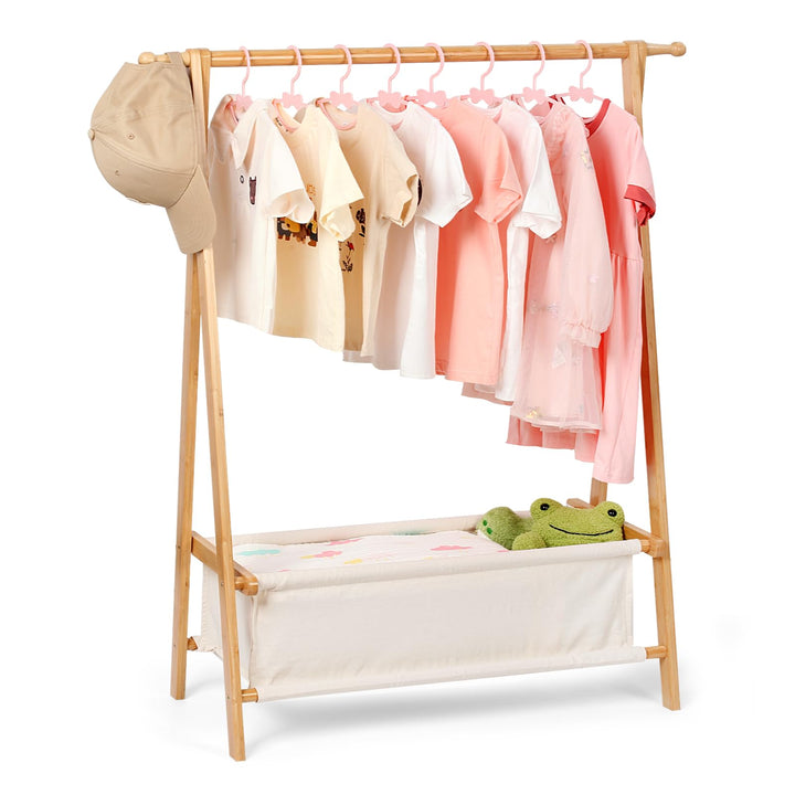 Bambus Kinder Kleiderständer mit Aufbewahrungstasche und Kleiderstange, Dress-up-Ständer, kleiner Ga