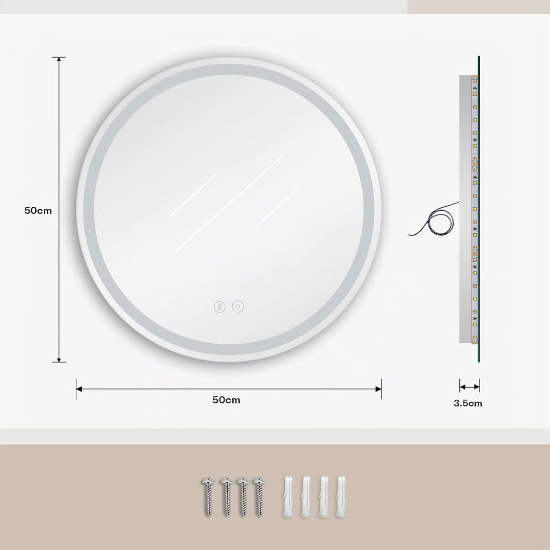Dripex Badspiegel mit Beleuchtung Rund Led Spiegel mit Bluetooth-Lautsprecher und Touch-Schalter, Di