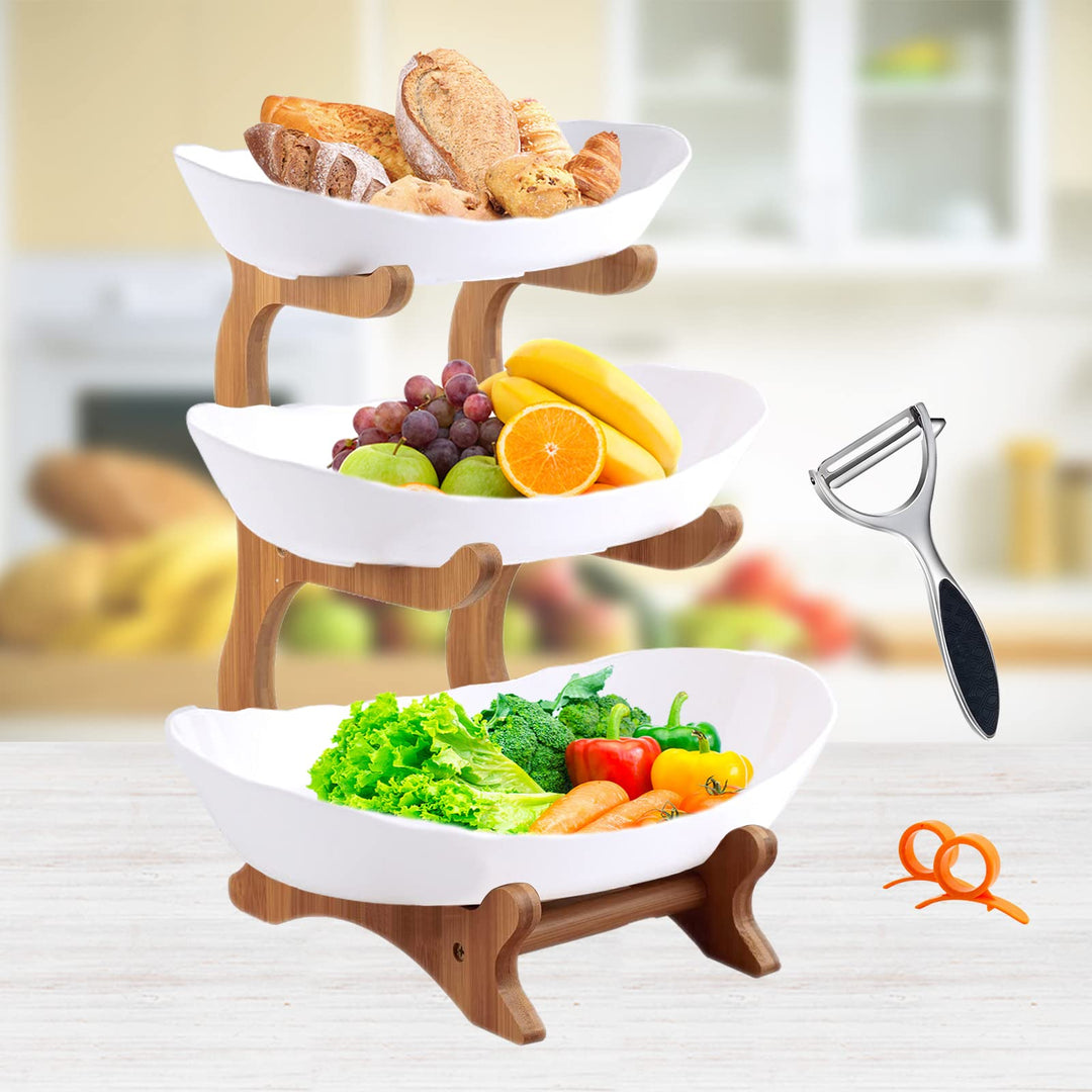 Obst Etagere 3 Stöckig mit Natürlichem Bambus Steher, PP Material Obstschale, Ständer Serviertelle f