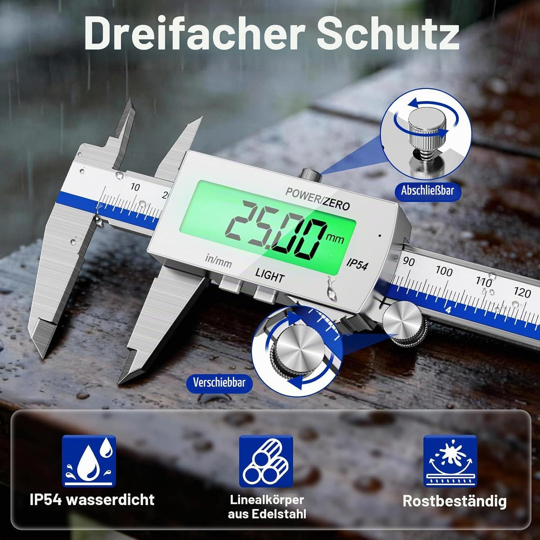 Preciva Digitaler Messschieber (wiederaufladbar),150 mm Schieblehre Digital Edelstahl, elektronische