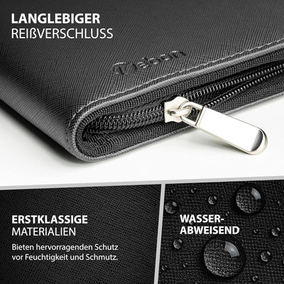 Vebon® Schreibmappe A4 gross"New York" I Veganes Leder, Reissverschluss + Klemmbrett I Konferenzmapp