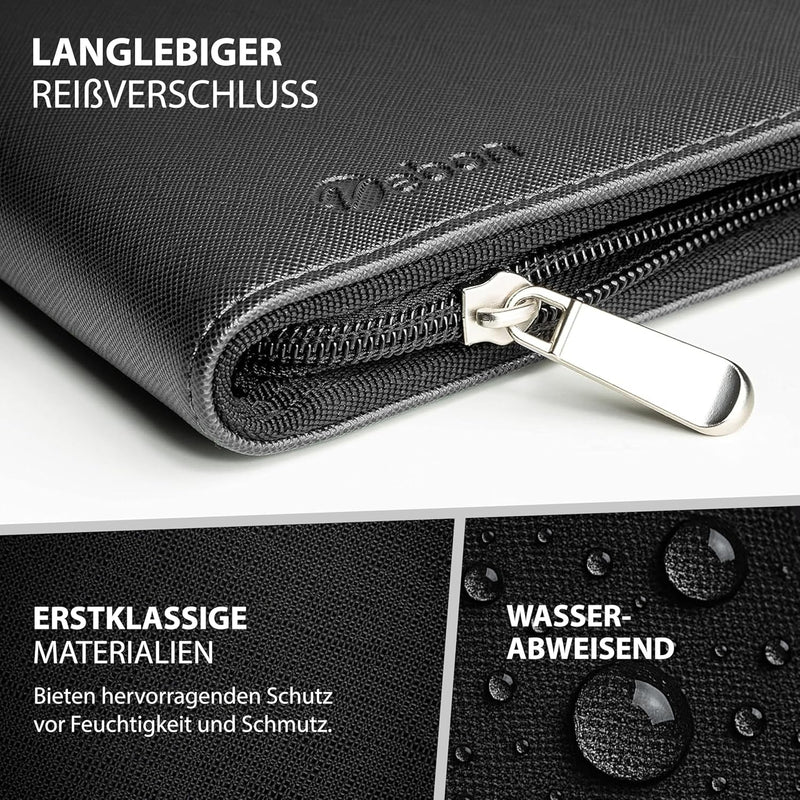 Vebon® Schreibmappe A4 gross"New York" I Veganes Leder, Reissverschluss + Klemmbrett I Konferenzmapp