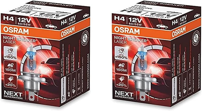 Osram NIGHT BREAKER LASER H4, 150% mehr Helligkeit, Halogen-Scheinwerferlampe, 64193NL, 12V PKW, Fal