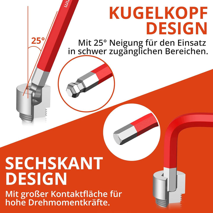 GETLITOOL Innensechskant Satz Lang, 18tlg. Innensechskantschlüssel Kugelkopf Metrisch HX 1,5mm-10mm