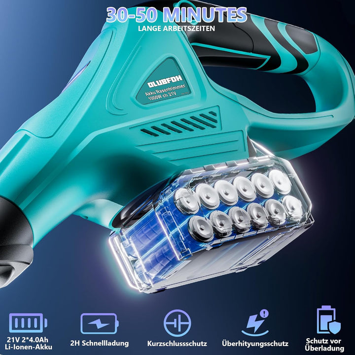 Rasentrimmer mit Akku 21V 1000W Bürstenloser Motor 3-in-1-Rasentrimmer, mit Akku 2 x 4000mAh mit 90°