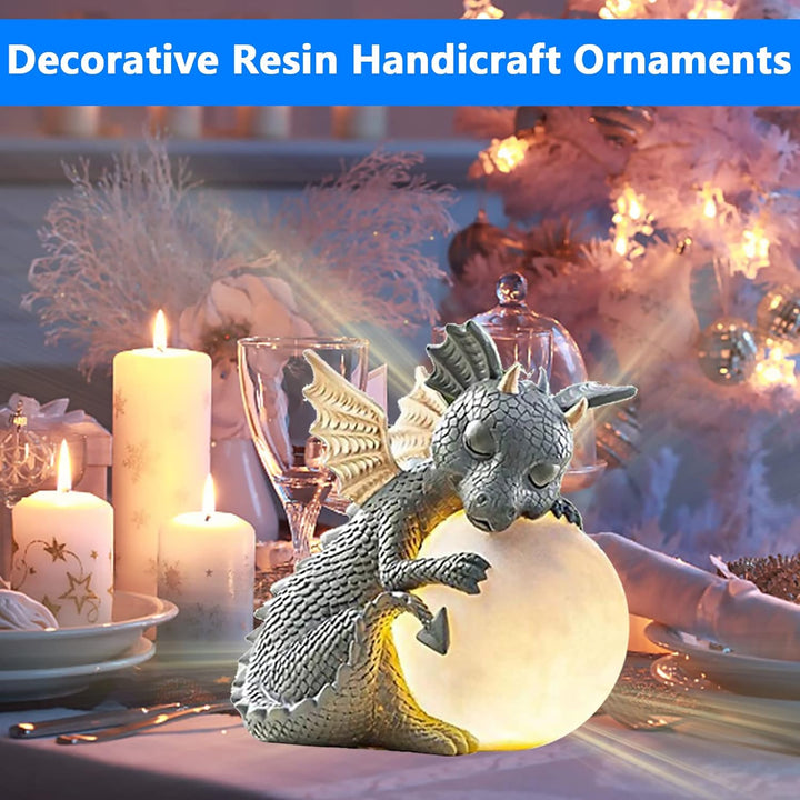 Dekofigur Drache mit Rundes Licht, Drachen Figuren Gartendeko für Draussen, Deko Drache Gartendrache