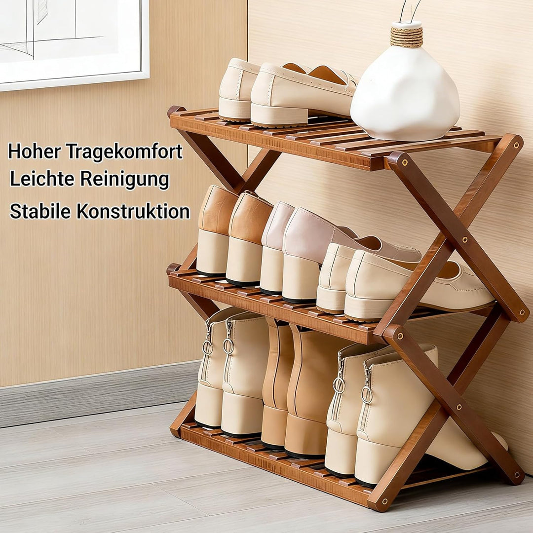 3 Ebenen Faltbares Schuhregal, Schuhregal Platzsparend Holz, Freistehendes Schuhregal für Eingangsbe