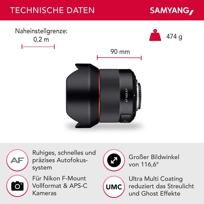 SAMYANG AF 14mm F2,8 kompatibel mit Nikon F - Autofokus Ultra Weitwinkel Objektiv mit 14 mm Festbren