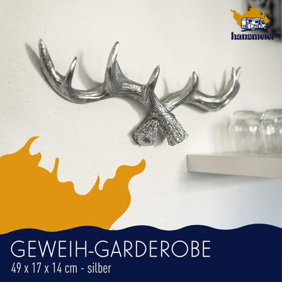 Hansmeier® Geweih Kleiderhaken Garderobenhaken | Silber | Für Aussen, Innen, Balkon & Garten | 49 cm