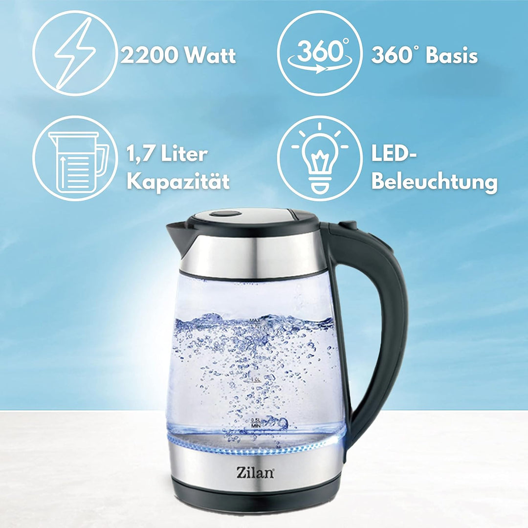 Edelstahl Glas Wasserkocher | 2200W | 1,7 Liter | Blaue LED-Beleuchtung | 360 Grad | Kalkfilter | BP