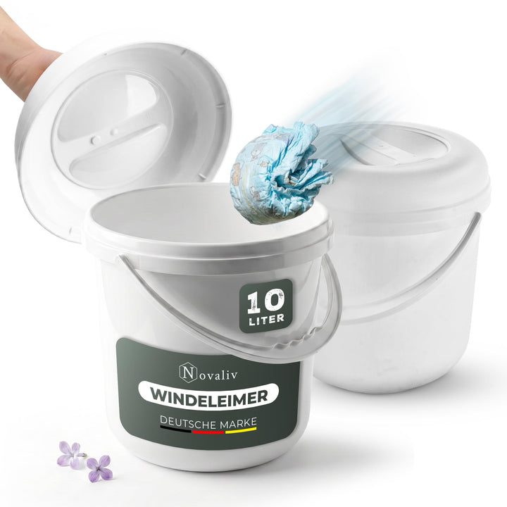 Novaliv Windeleimer 10 L 2er-Set geruchsdicht – 2x Windelmülleimer ohne Kassette mit Deckel &amp; Griff