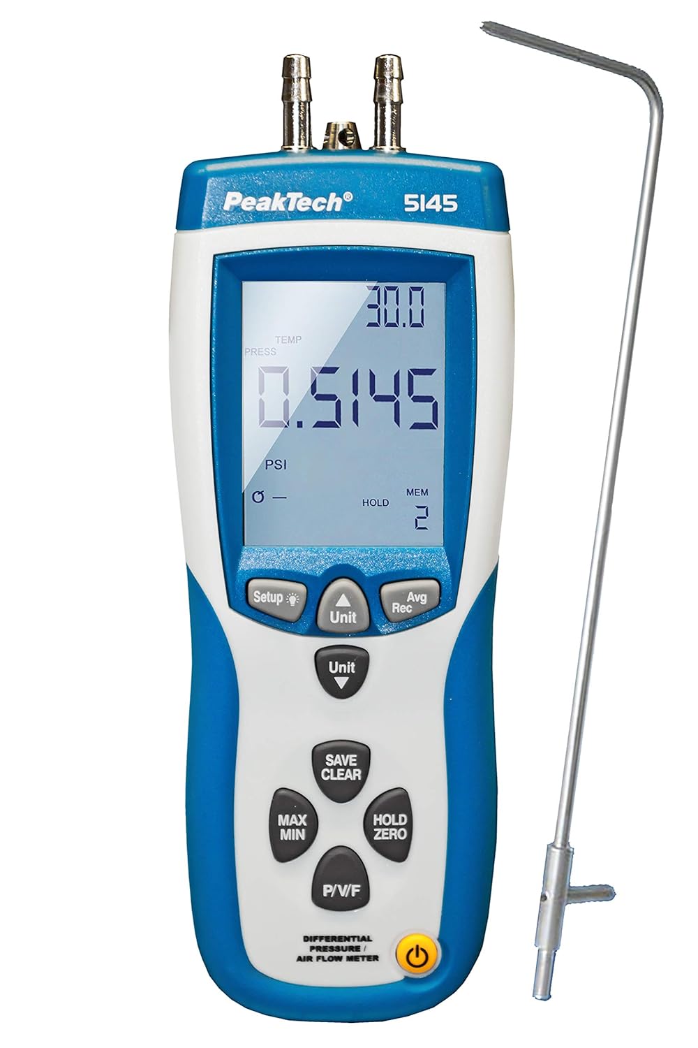 PeakTech P 5145 2 in 1 Differenz-Druckmessgerät und Luftgeschwindigkeitsmesser mit Pitot Rohr, Diffe