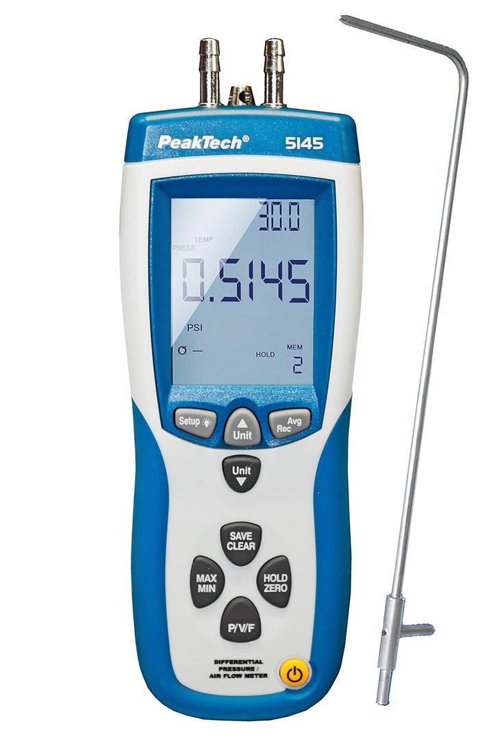 PeakTech P 5145 2 in 1 Differenz-Druckmessgerät und Luftgeschwindigkeitsmesser mit Pitot Rohr, Diffe
