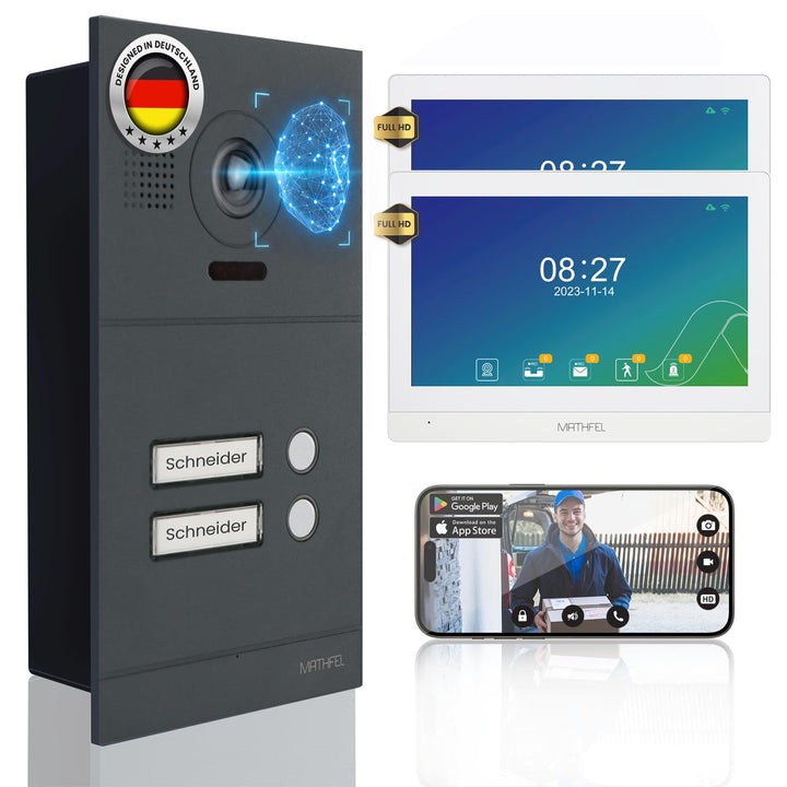 Mathfel 2-Draht IP Video-Türsprechanlage mit Türöffner – Full-HD Kamera, 10" Monitor & App-Steuerung