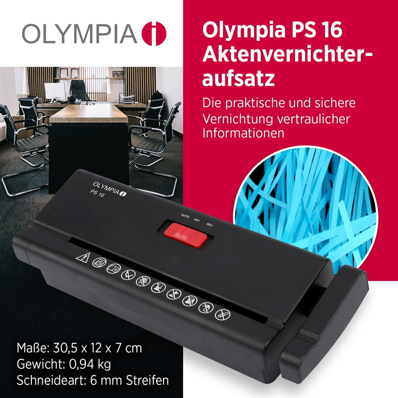 Olympia PS 16 Aufsatzaktenvernichter | Streifenschnitt | Sicherheitsstufe P2 | Bis zu 6-Blätter glei