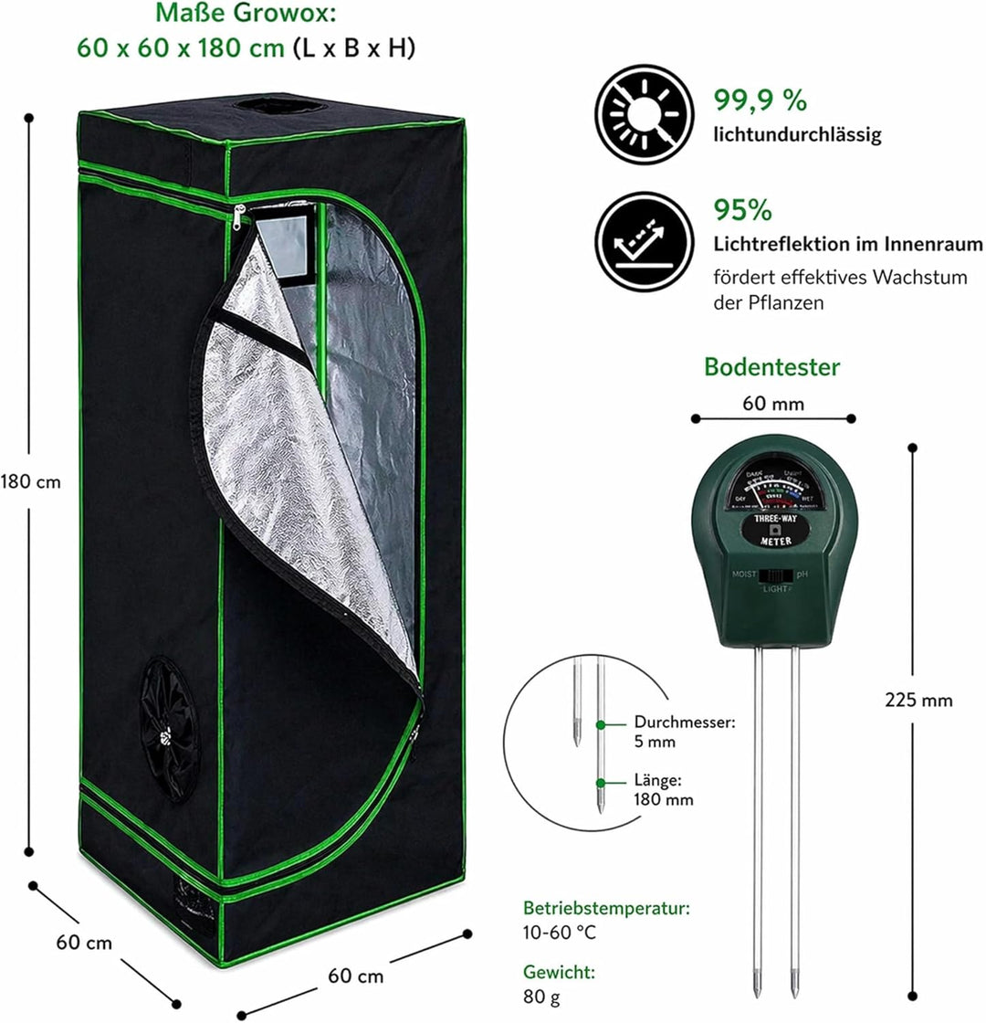 Mucola Growzelt 60x60x180 cm Set mit 3-in-1 Messgerät Zuchtzelt für Hydrokulturen zur Pflanzenzucht