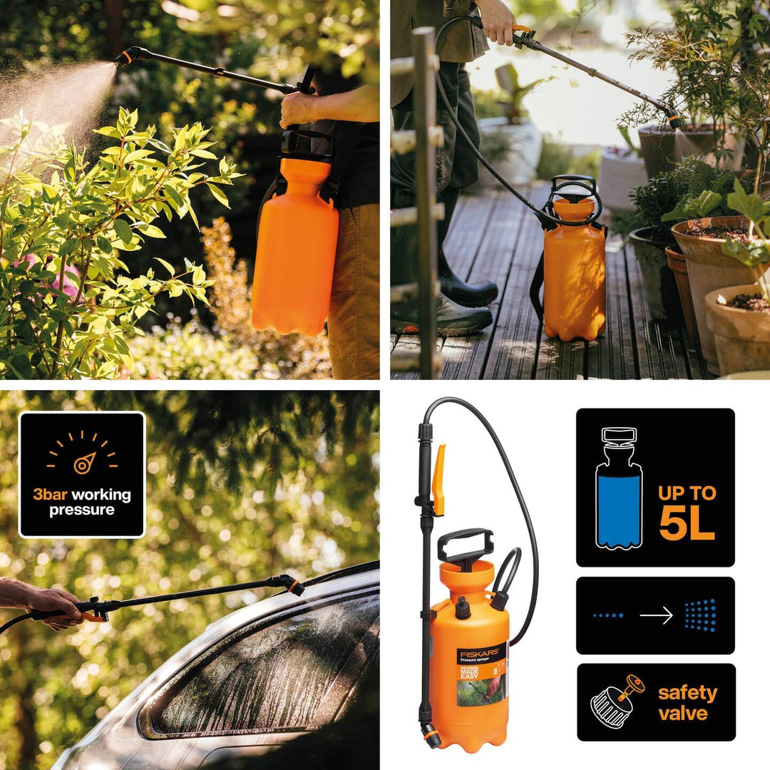 Fiskars Drucksprüher, Für Pflanzenbehandlungen auf Wasserbasis, Einstellbares Sprühbild, Sicherheits
