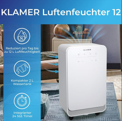 KLAMER Luftentfeuchter elektrisch 12L, 100m³ Luftumwälzung pro Stunde, 280W starker Raumentfeuchter,