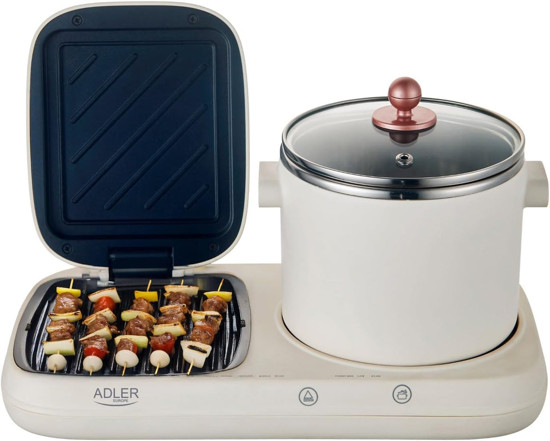 ADLER EUROPE AD 6421 Frühstücksstation 2-in-1 mit 1,0-L Kochtopf und Antihaft-Grillfläche | Retro De