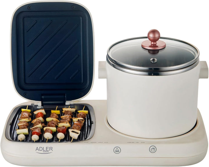 ADLER EUROPE AD 6421 Frühstücksstation 2-in-1 mit 1,0-L Kochtopf und Antihaft-Grillfläche | Retro De