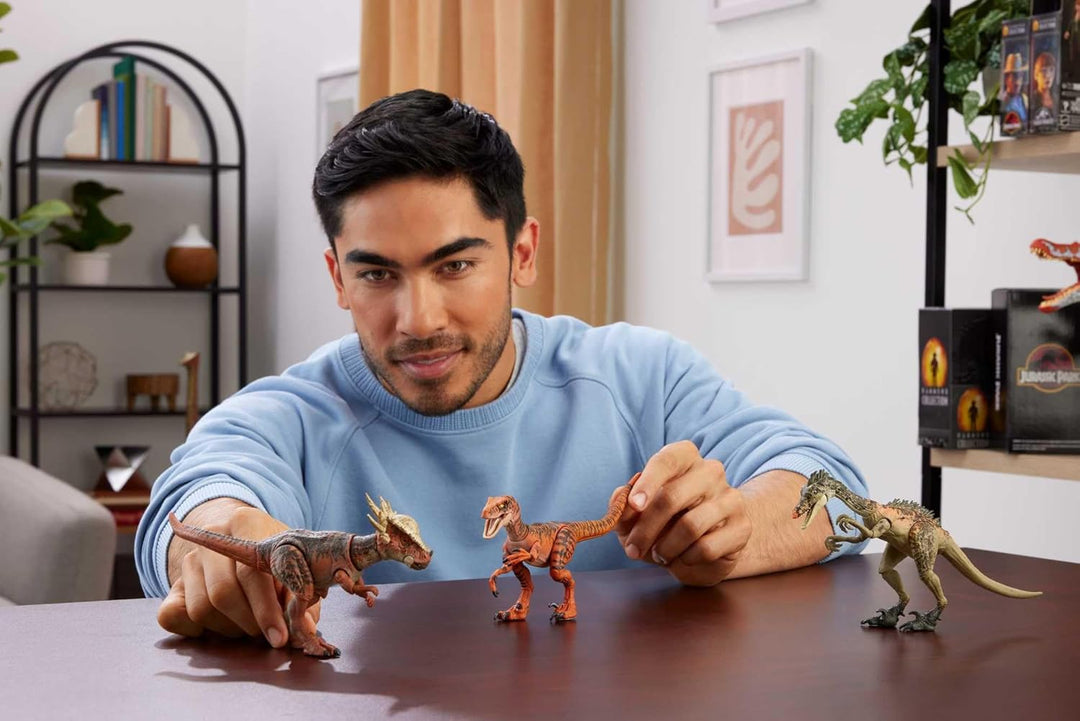Mattel Jurassic World Hammond Collection mit Menschen- und Dinosaurier-Actionfigur, Atrociraptor Tig