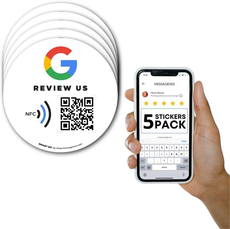 Wiederverwendbare Rezensions-Aufkleber für Google-Rezensionen, 5-Aufkleber-Packung, QR & Tap NFC-Auf