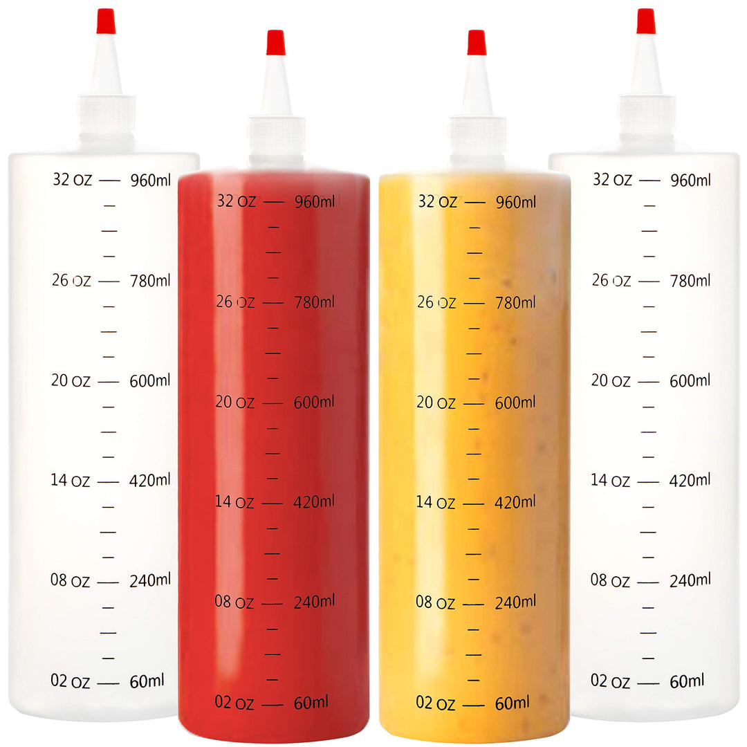 Youngever 4 Stück 1000ML Kunststoff Quetschflasche, Mehrweg Sossenflaschen Plastik, Squeeze Flasche,